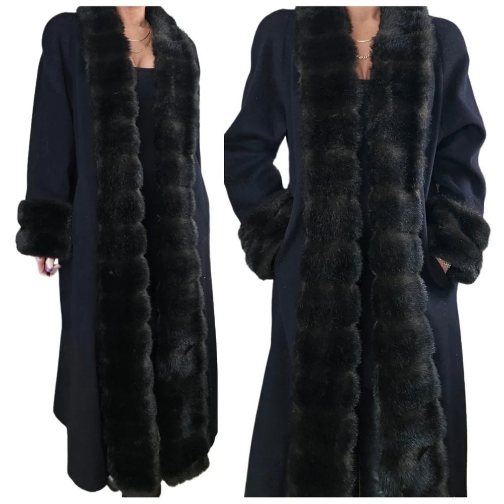 Vintage Wool & Vegan Fur Full Length Long Black Alorna Faux Fur Penny Lane Coat - Picture 1 of 7